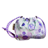 Drawstring bag with purple floral pattern on a white background