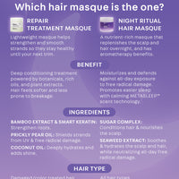 Which hair masque is the one? Repair Treatment Masque: lightweight masque helps strengthen and smooth strands so they stay healthy until your next trim. Night Ritual Hair Masque: a nutrient-rich masque that replenishes the scalp and hair overnight, and has aromatherapy benefits. Benefit. RTM: deep conditioning treatment. NRHM: moisturizes and defends against free radical damage. Promotes easier sleep with calming METASLEEP technology.