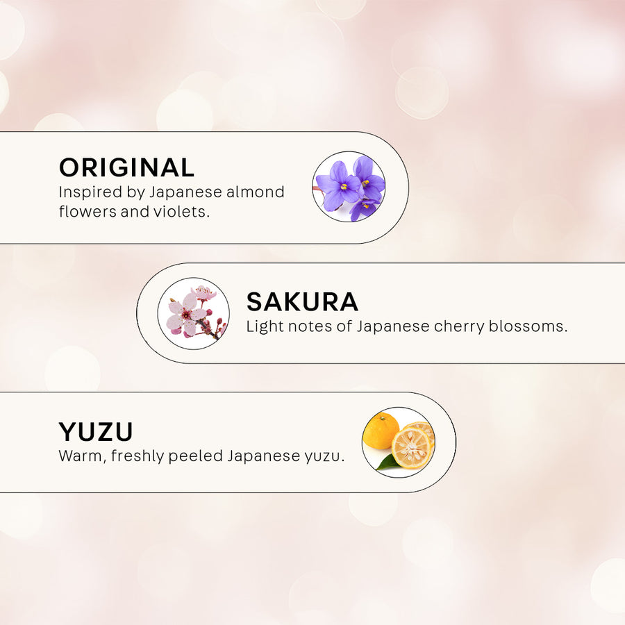 A graphic summarizing the fragrances of the scrubs in this set paired with a small circular icon depicting a photo of the fragrance source inspiration. Original: inspired by Japanese almond flowers and violets. Sakura: light notes of Japanese cherry blossoms. Yuzu: warm, freshly peeled Japanese yuzu.