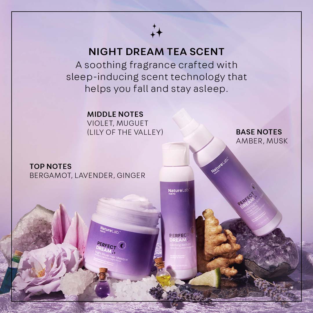Night Dream Tea Scent: a soothing fragrance crafted with sleep-inducing scent technology that helps you fall and stay asleep. Top notes: bergamot, lavender, ginger. Middle notes: violet, muguet (lily of the valley). Base notes: amber, musk.