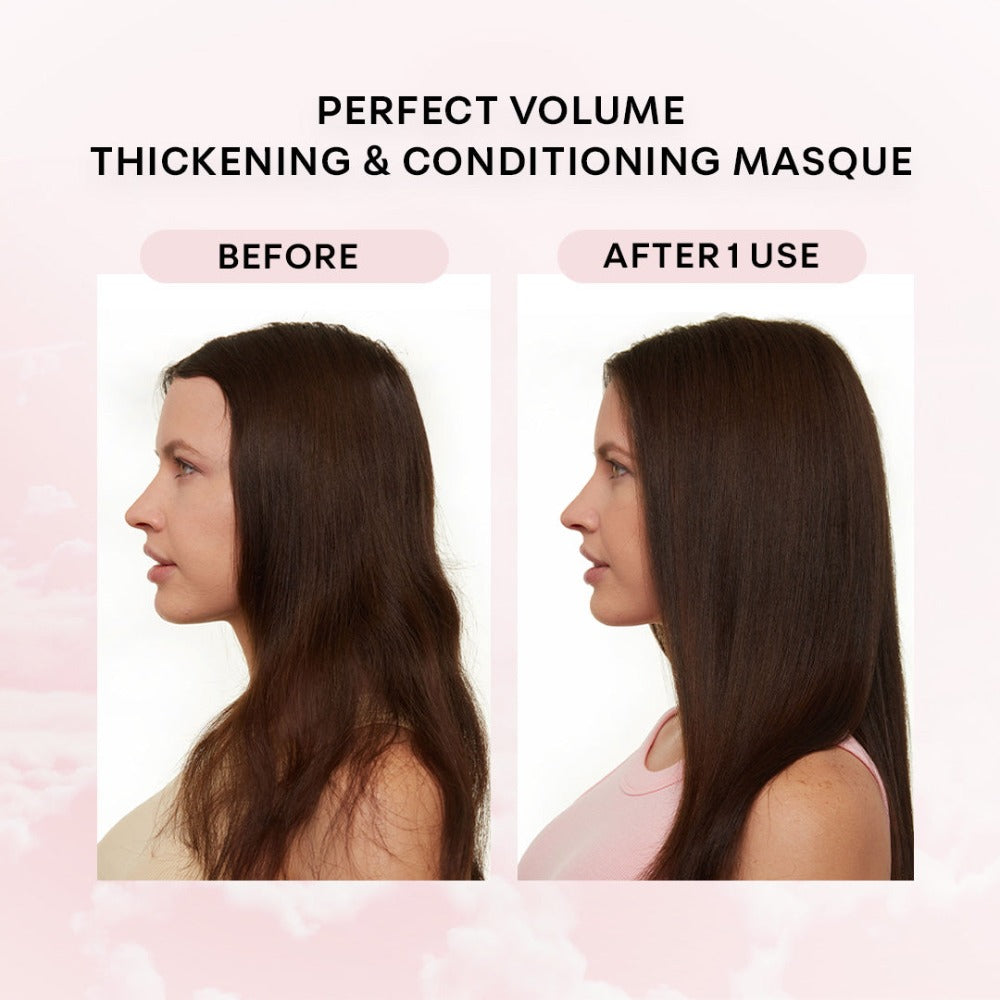 Before and After comparison photos. The Before image shows a brunette woman from her side profile, and her hair is flat, limp, and unevenly wavy in places. The After 1 Use shot shows her at the same angle but with hair that looks more voluminous and visibly conditioned for a sleeker yet full-bodied look.