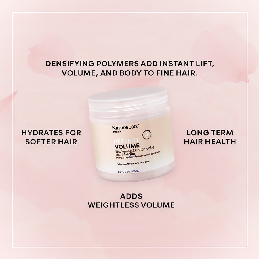 The Perfect Volume Thickening & Conditioning Hair Masque jar on a background of pale pink clouds, surrounded by four lines of text.: Densifying polymers add instant lift, volume, and body to fine hair. Long term hair health. Hydrates for softer hair. Adds weightless volume.