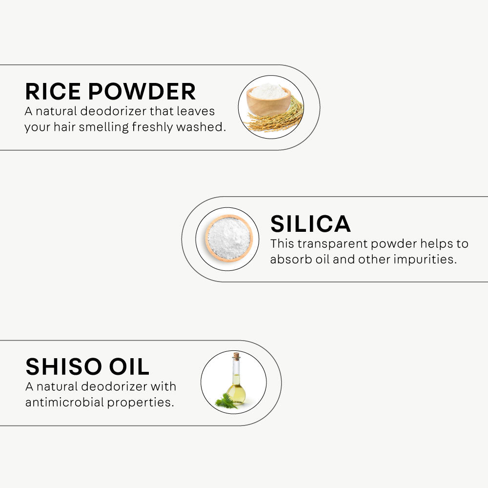 Clean Dry Shampoo ingredient highlights, rice poweder, silica, shiso oil.
