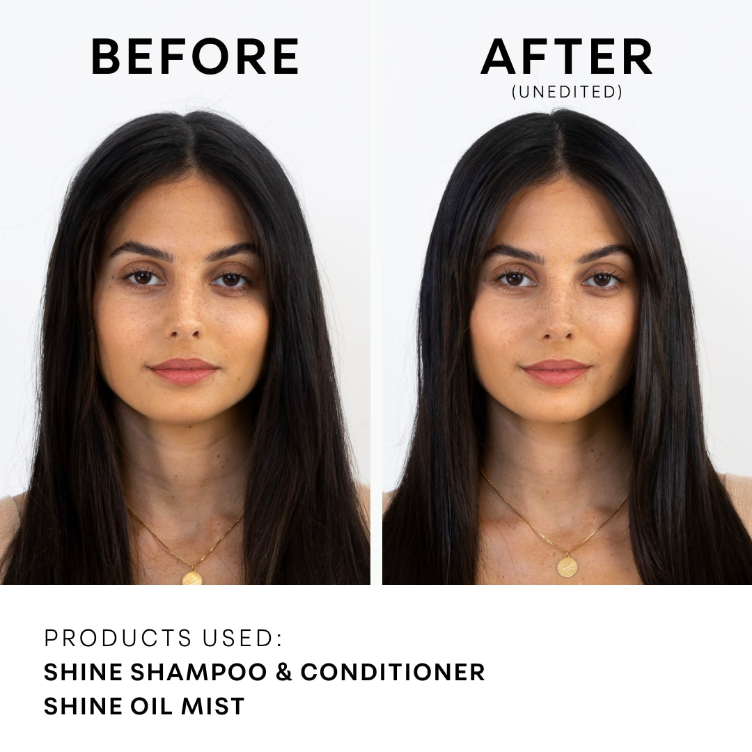 model before and after using Shine Shampoo & Conditioner Duo and Oil Mist